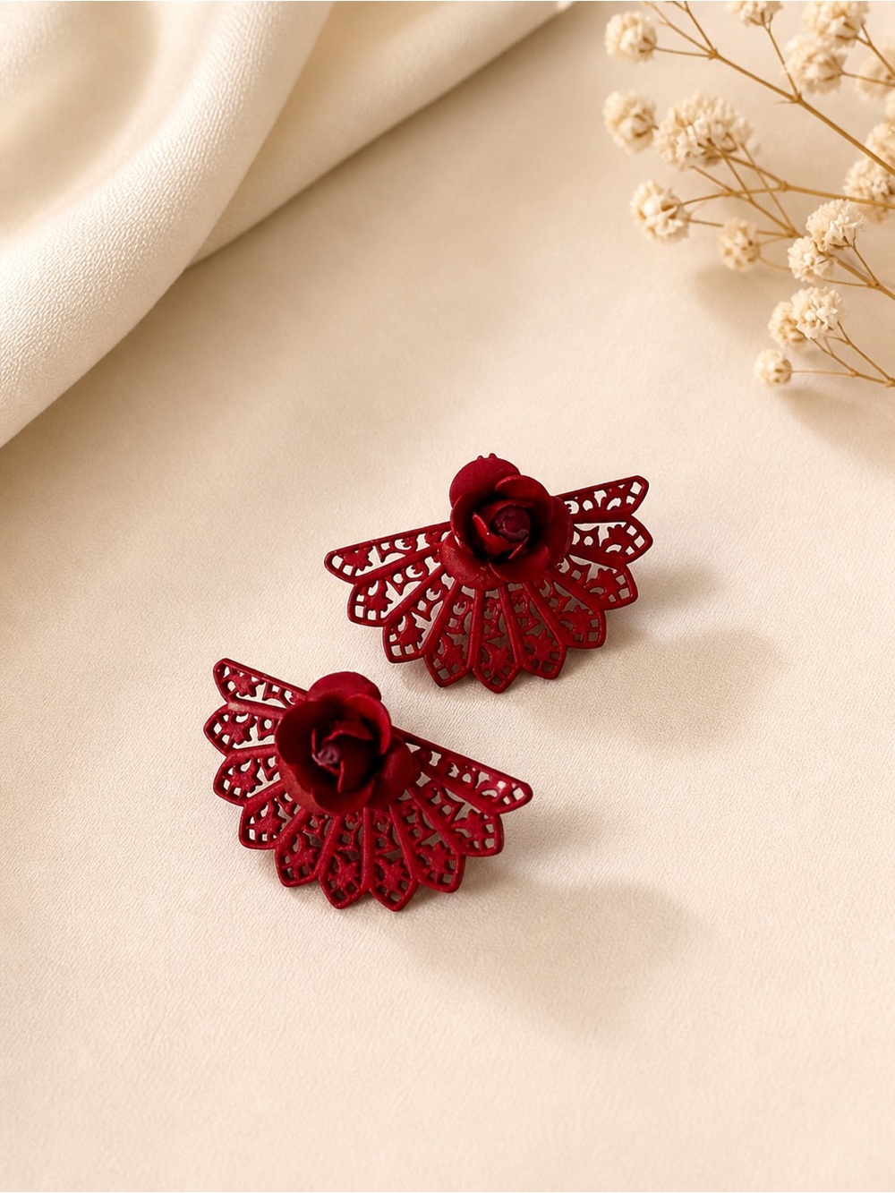 Handcrafted Red Rose Filigree Drop Earrings - Women's Jewelry